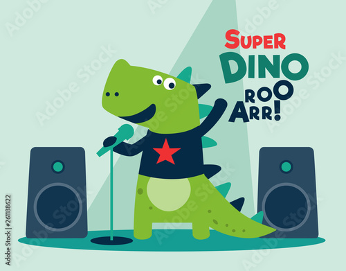Cute dinosaur singing with microphone