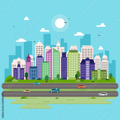 City Cityscape Skyline Landmark Building Traffic Street Illustration