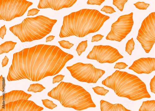 Japanese food style, Hand drawn of Salmon sashimi seamless pattern on pink background, Great for menu, Collection food concept, for background uses