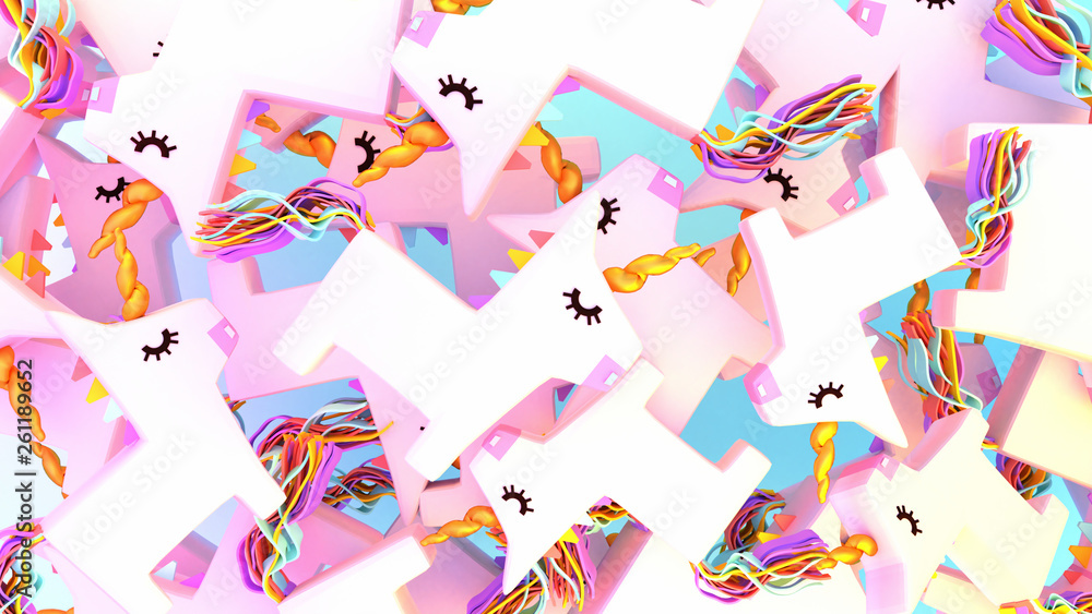 Cute pile of unicorn pinatas. 3d rendering picture. Cute pile of unicorn pinatas. 3d rendering picture.