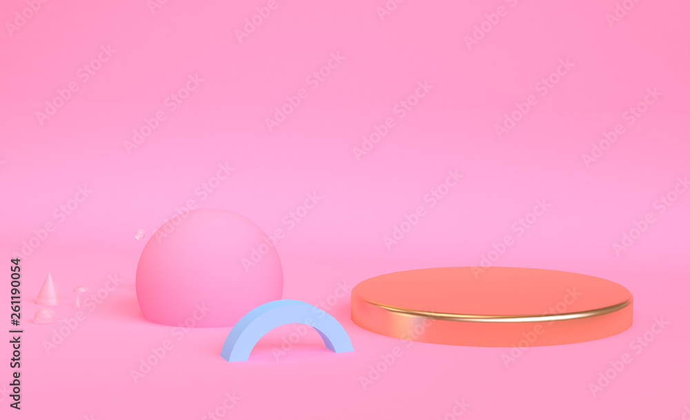 Geometric shape pink cream scene minimal abstract background, Gold round platform, pastel colors, 3D render.
