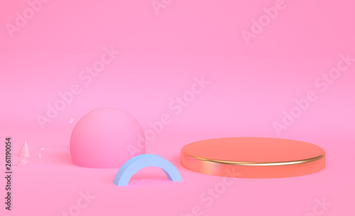 Geometric shape pink cream scene minimal abstract background, Gold round platform, pastel colors, 3D render. © Kanyarat