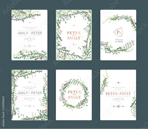 Wedding Invitation, floral invite thank you, rsvp modern card Design in blue and purple flower and leaf greenery  branches decorative Vector elegant rustic template