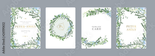 Wedding Invitation, floral invite thank you, rsvp modern card Design in blue and purple flower and leaf greenery  branches decorative Vector elegant rustic template