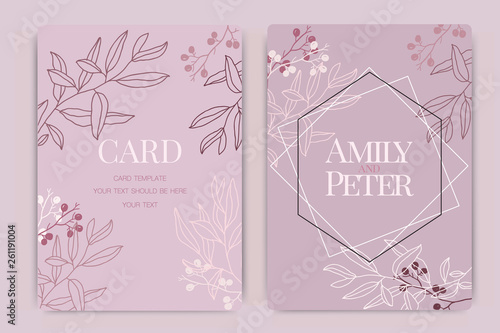 Pink Wedding Invitation, floral invite thank you, rsvp modern card Design in white rose with red berry and leaf greenery  branches decorative Vector elegant rustic template