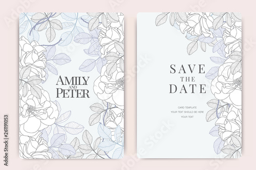 Blue Wedding Invitation, floral invite thank you, rsvp modern card Design in white rose with leaf greenery  branches decorative Vector elegant rustic template