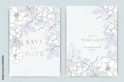 Blue Wedding Invitation, floral invite thank you, rsvp modern card Design in white rose with leaf greenery  branches decorative Vector elegant rustic template