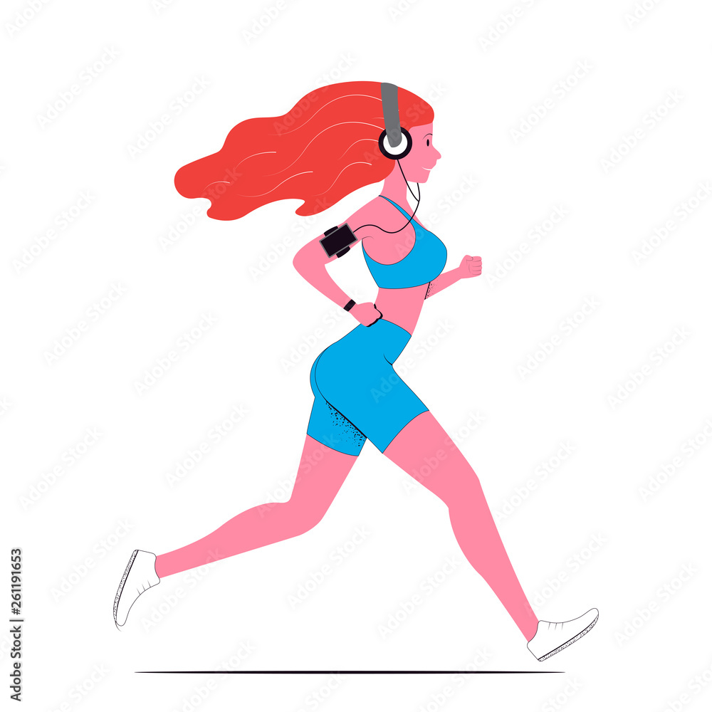 Running woman. Jogging with a smartphone. Vector illustration in flat style Running woman. Jogging with a smartphone. Vector illustration in flat style