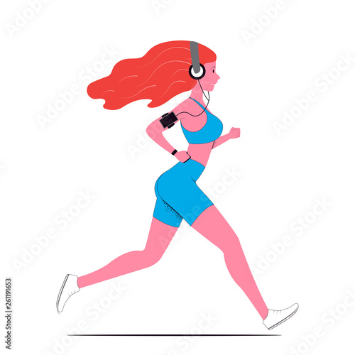 Running woman. Jogging with a smartphone. Vector illustration in flat style