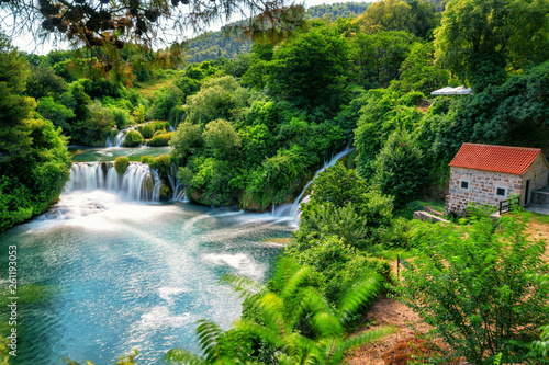 Panoramic landscape of Krka Waterfalls on the Krka river in Krka national park in Croatia.
