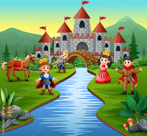 Knight with princess and prince in a castle landscape