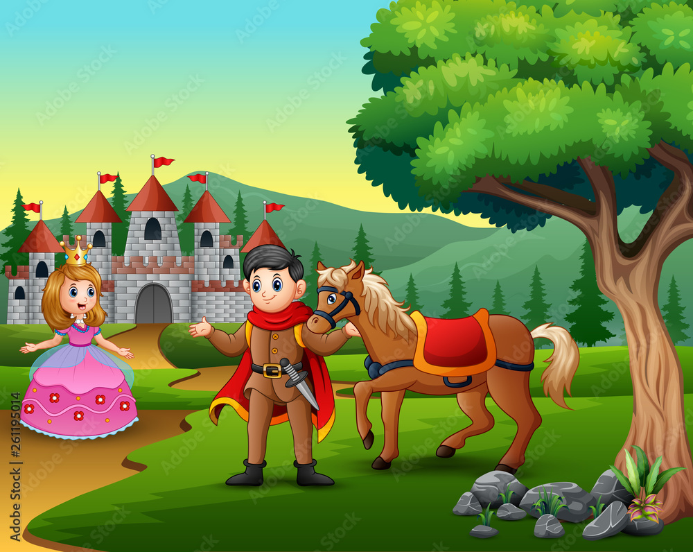 Fototapeta premium Cartoon prince and princess on the road to the castle