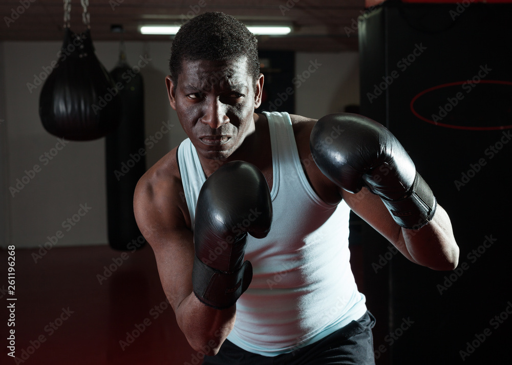 Confident afro american boxer holds training in the ring