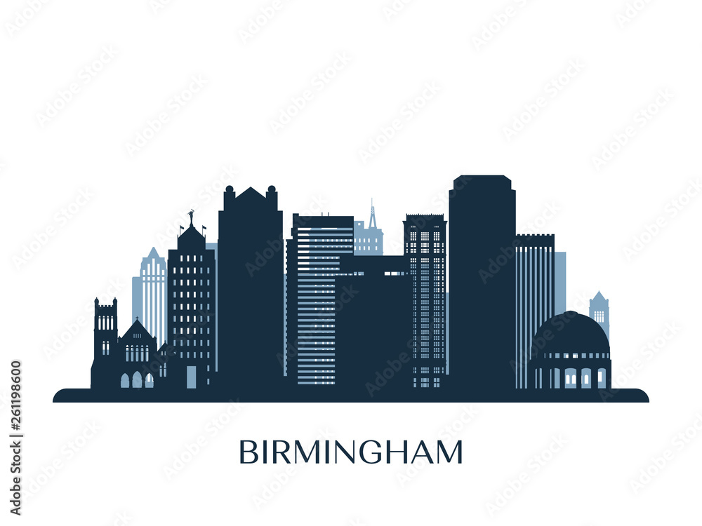 Naklejka premium Birmingham skyline, monochrome silhouette. Vector illustration.