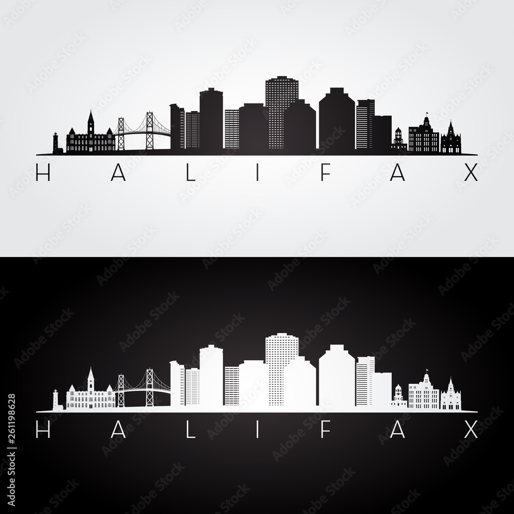 Halifax skyline and landmarks silhouette, black and white design, vector illustration. - obrazy, fototapety, plakaty 
