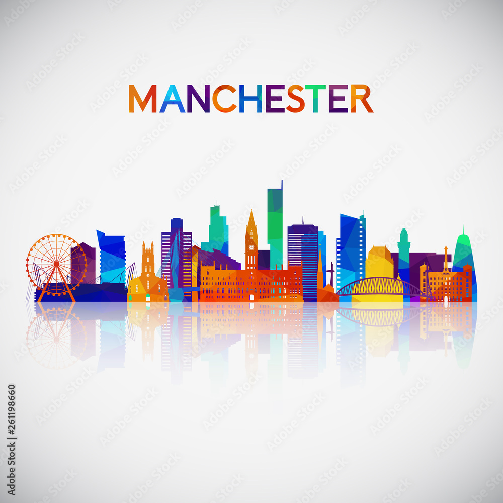 Manchester skyline silhouette in colorful geometric style. Symbol for your design. Vector illustration.