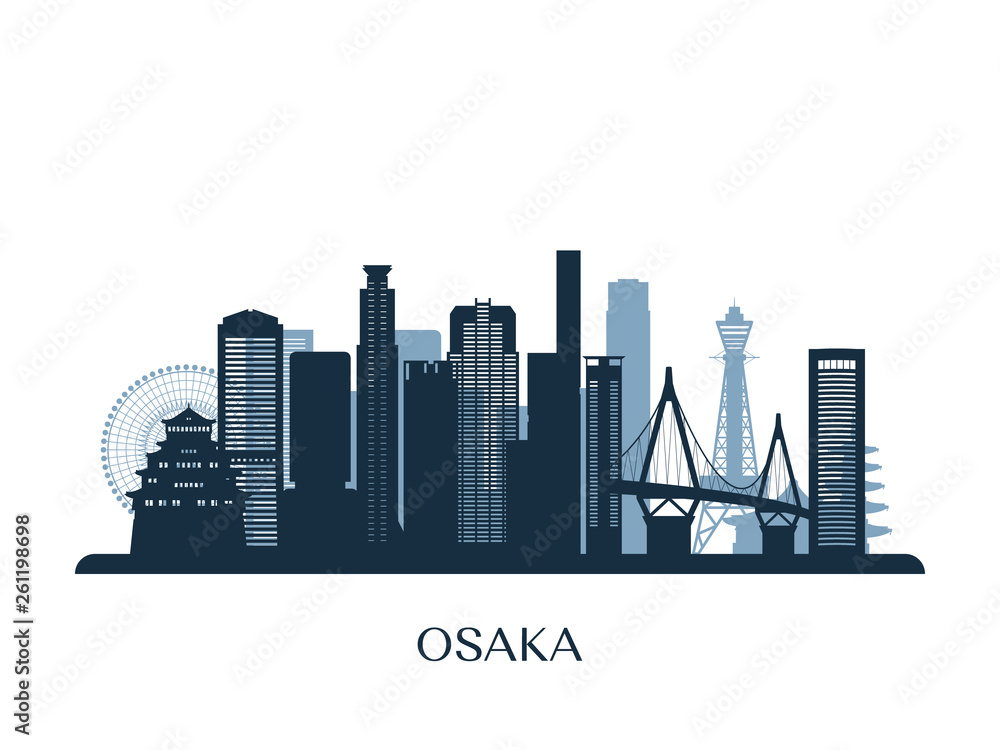 Naklejka premium Panoramę Osaki, monochromatyczna sylwetka. Ilustracji wektorowych.