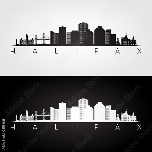 Halifax skyline and landmarks silhouette, black and white design, vector illustration.