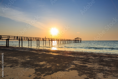 Abstract Old wooden jetty pier long exposure during beautiful sunset