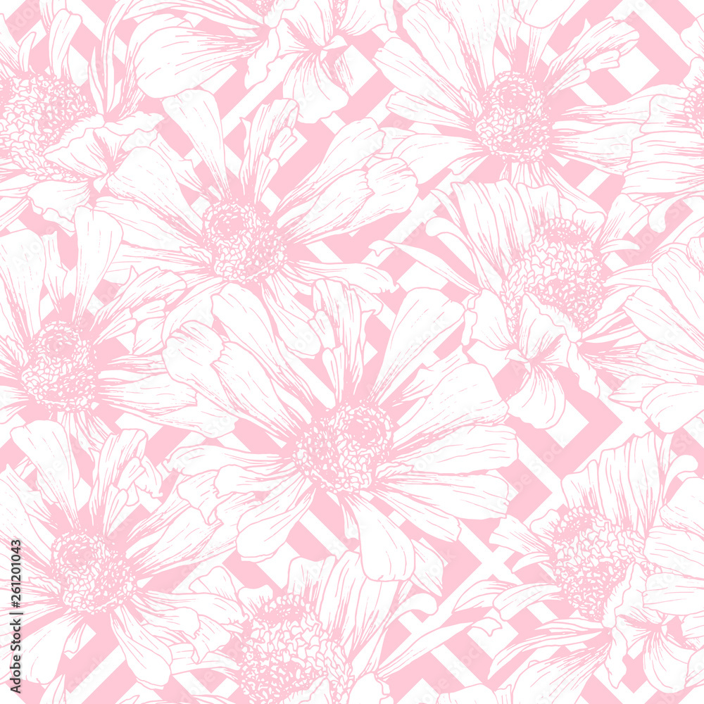Romantic Pink Seamless Pattern for Valentines Day Holiday Wrapping Paper Design. Vector Feminine Floral Wallpaper Template with Helenium Autumnale Flower Romantic Pink Seamless Pattern for Valentines Day Holiday Wrapping Paper Design. Vector Feminine Floral Wallpaper Template with Helenium Autumnale Flower