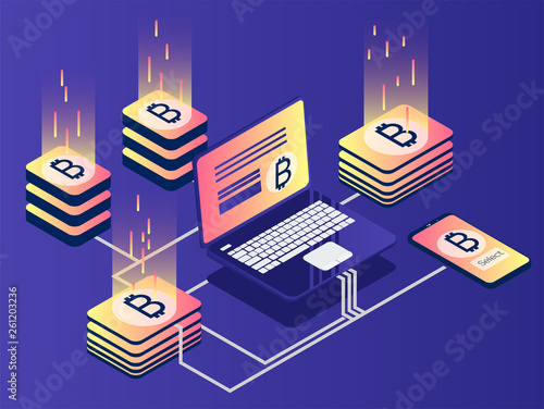 Blockchain isometric concept. Bitcoin on a laptop. Web illustration
