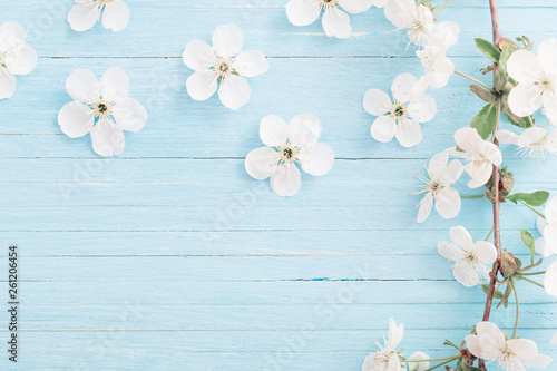 Wallpaper Mural spring flowers on blue wooden background Torontodigital.ca