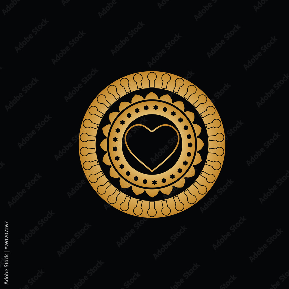 Naklejka premium Ornament from circles with patterns from keyholes; petals; small flowers and a gold contour of heart in the middle.
