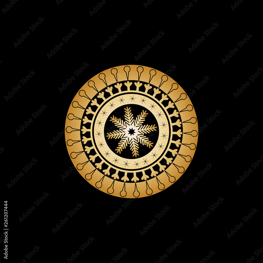 Obraz premium Winter ornament from circles and patterns in the form of horns with ice cream, bird's pads, asterisks and a big gold snowflake in the center.