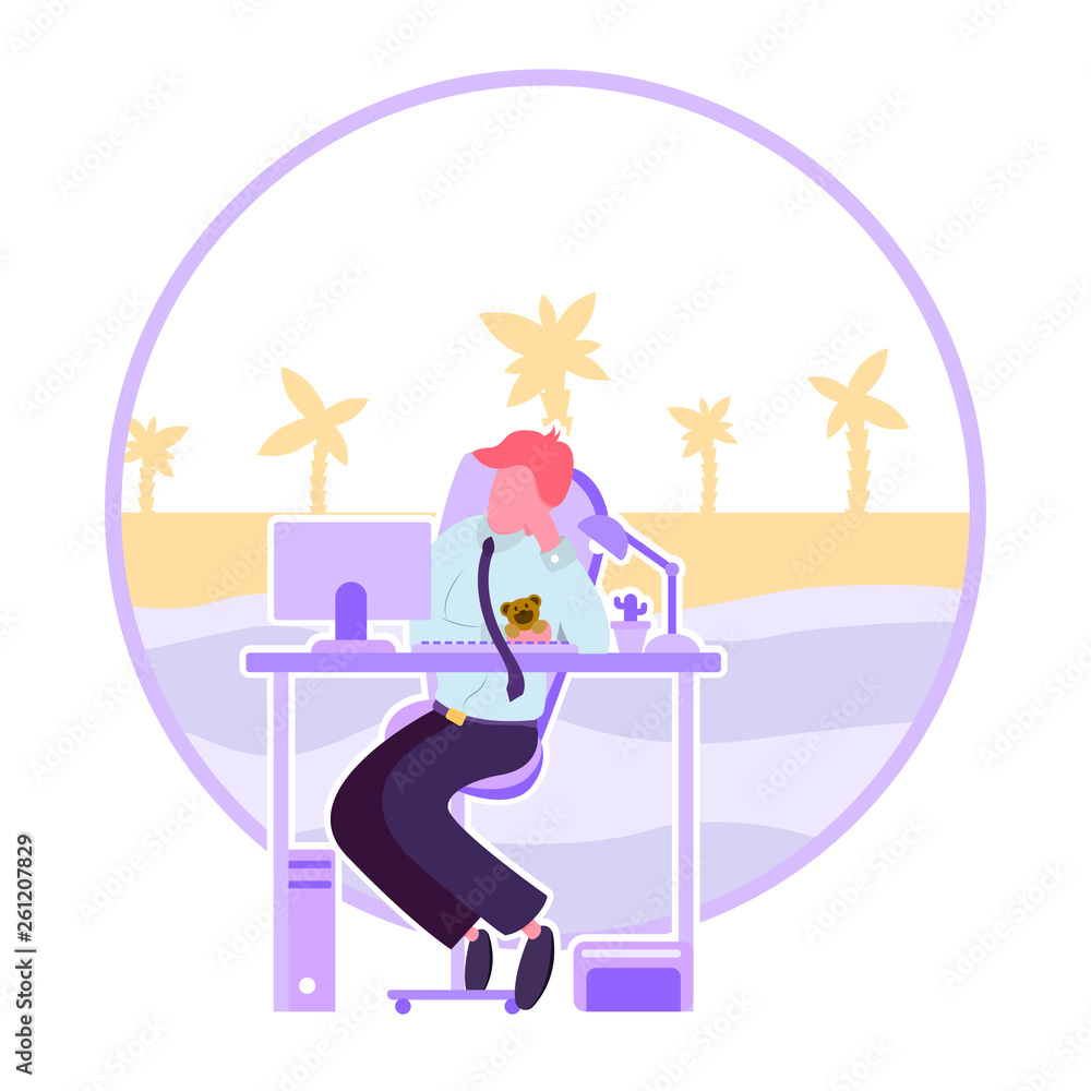 resting at work, a break after a long hard work, waiting for the end of the working day,sunny vacation dreams,vector image,colorful cartoon character