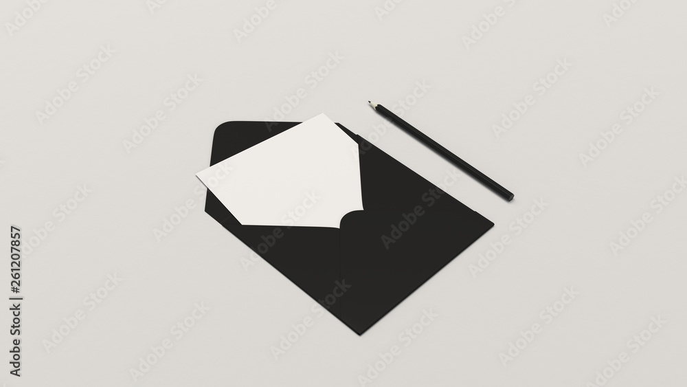 Mockup of greeting card in square envelope with pencil Mockup of greeting card in square envelope with pencil