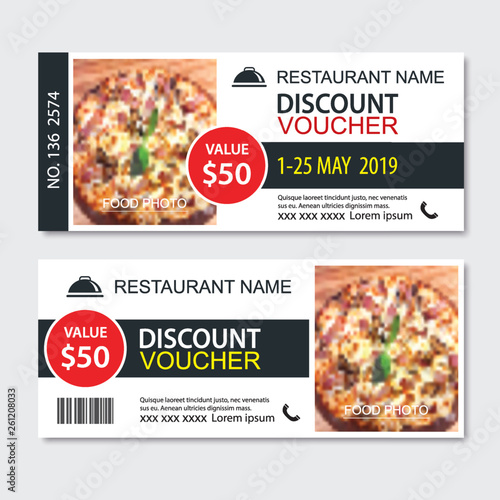 Discount gift voucher fast food template design. Pizza set. Use for coupon, banner, flyer, sale, promotion.