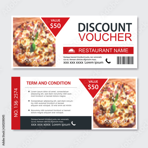 Discount gift voucher fast food template design. Pizza set. Use for coupon, banner, flyer, sale, promotion.