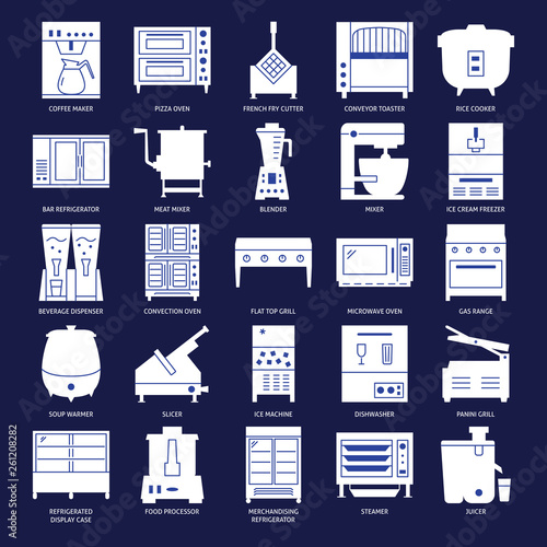 Restaurant kitchen equipment silhouette icon set in flat style