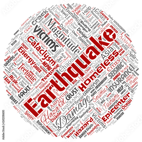 Vector conceptual earthquake activity round circle red word cloud isolated background. Collage of natural seismic tectonic crust tremble, violent tsunami waves risk, tectonic plates shifting concept