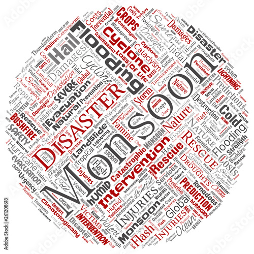 Vector conceptual monsoon dangerous weather round circle red meteorology word cloud isolated background. Collage of tropical dramatic storm force, strong wind blowing, rain hail thunderstorm concept