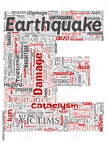 Vector conceptual earthquake activity letter font E red word cloud isolated background. Collage of natural seismic tectonic crust tremble, violent tsunami waves risk, tectonic plates shifting concept