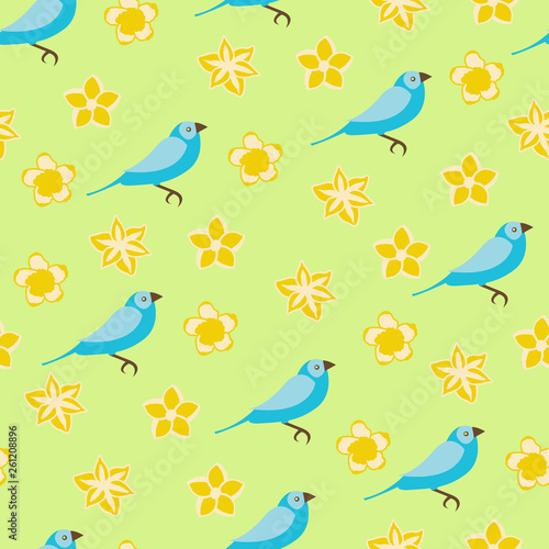 Vector seamless pattern illustration of yellow flowers and blue birds on green background