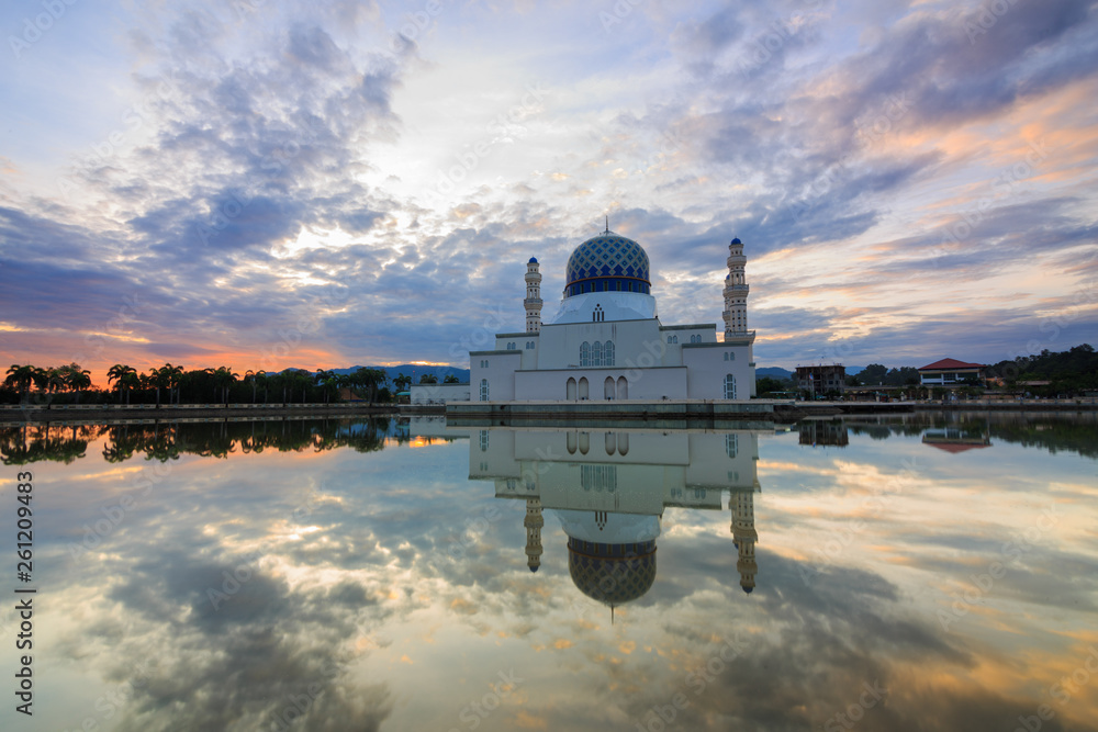 Amazing sunrise blue hour with dramatic cloud and reflection of Floating Mosque Of Kota Kinabalu, Sabah. 