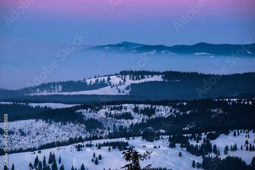Winter foggy landscape with...
