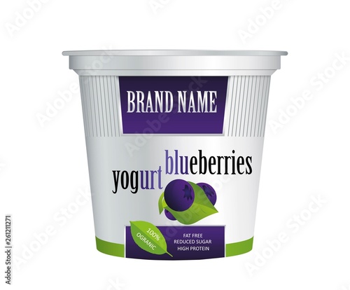 Packaging design yogurt with blueberries. Vector isolated on white background. Plastic container for blueberries yogurt and dessert.