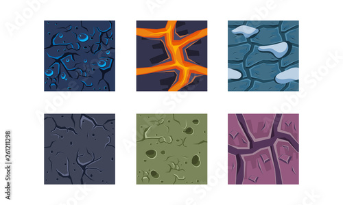 Flat vector set of textures for platform game. Lava, ground with water drops, snow and cracks. Gaming assets
