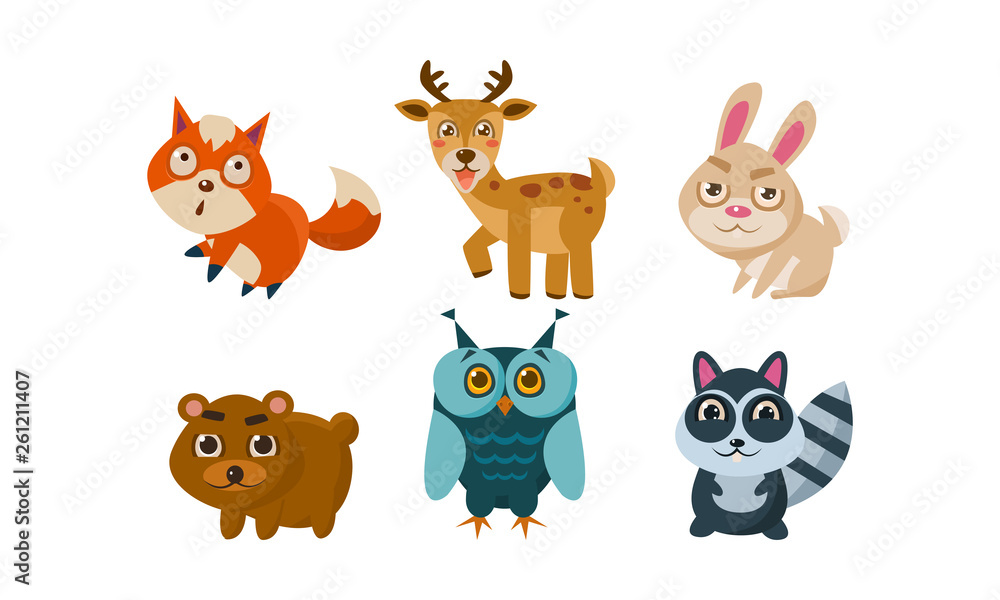 Flat vector set of cute animals. Deer, red fox, bunny, bear, owl and raccoon. Cartoon characters of forest creatures Flat vector set of cute animals. Deer, red fox, bunny, bear, owl and raccoon. Cartoon characters of forest creatures