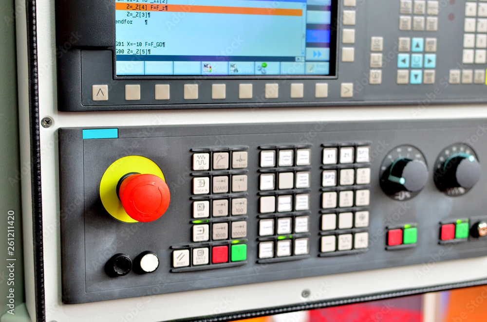 Computer control panel CNC machine. Selective focus. Abstract industrial background. Computer control panel CNC machine. Selective focus. Abstract industrial background.
