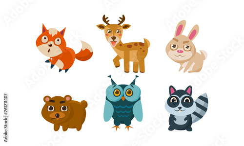 Fototapeta Naklejka Na Ścianę i Meble -  Flat vector set of cute animals. Deer, red fox, bunny, bear, owl and raccoon. Cartoon characters of forest creatures