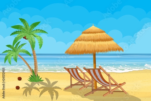 Landscape of wooden chaise lounge, palm tree on beach. Umbrella. Day in tropical place. Vector illustration in flat style