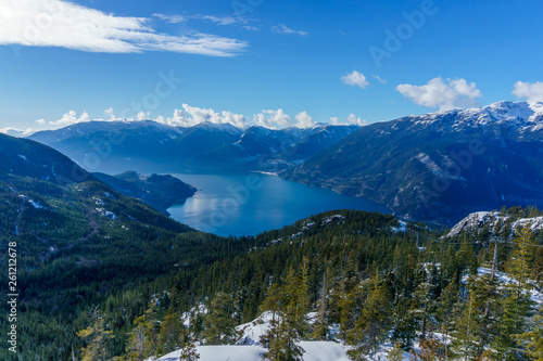 Howe Sound Panorama viewed from the summit terminal of the Sea to Sky Gondola, Squamish, BC, Canada