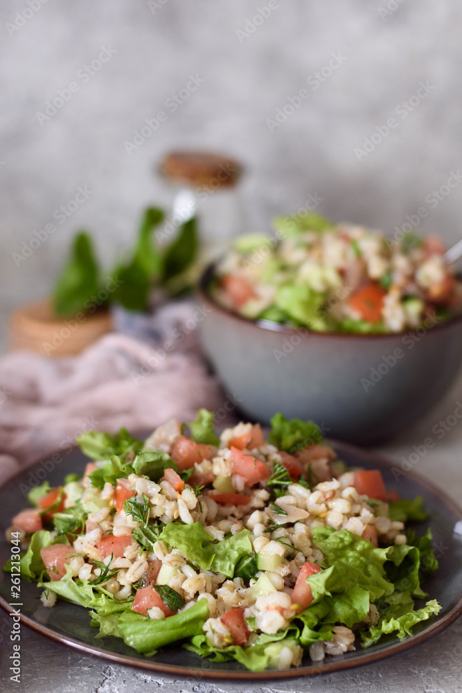 Taboule with pearl barley porridge with fresh vegetables and herbs on a plate and bowl on a gray concrete background Taboule with pearl barley porridge with fresh vegetables and herbs on a plate and bowl on a gray concrete background