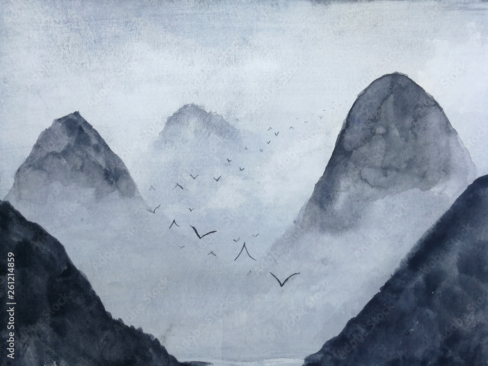 Fototapeta watercolor ink landscape mountain fog . Traditional oriental. asia art style.isolated on a white background	