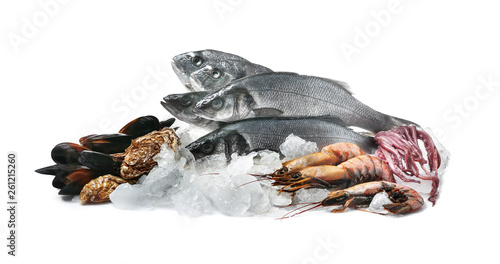 Fresh seafood with ice on white background