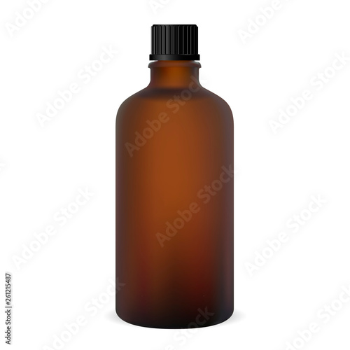 Brown Bottle. Glass Medicine Vial. 3d Isolated Oil Blank with Black Cap. Amber Container Mockup Realistic Design. Vintage Translucent Flacon for Chemical Poison, Aromatherapy. Matt Storage.